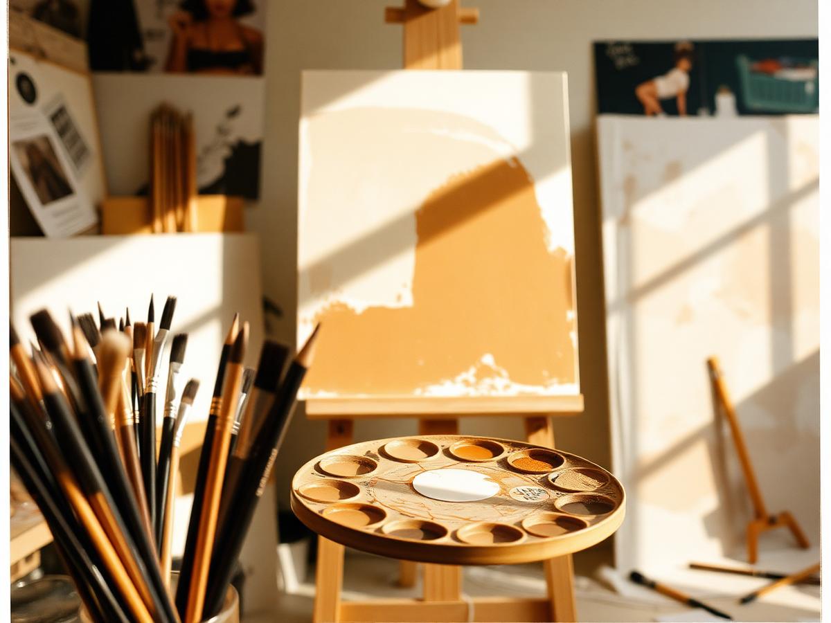 Brushes, pencils and palette in the artist's studio